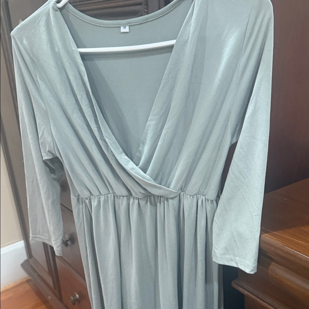 Women's Sage Green Long Sleeve Wrap-Style Dress